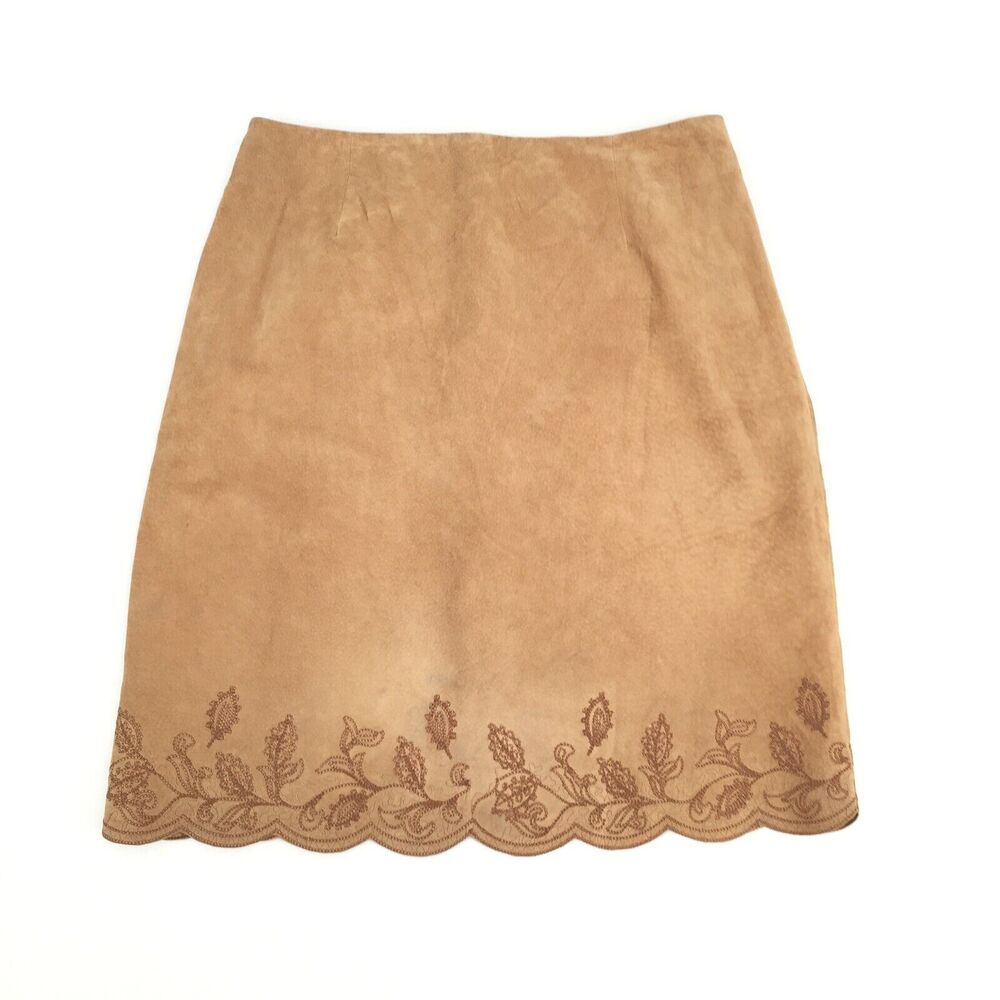 Lord & Taylor Embroidered Leather Pencil Skirt 14 Petite Brown Boho Western